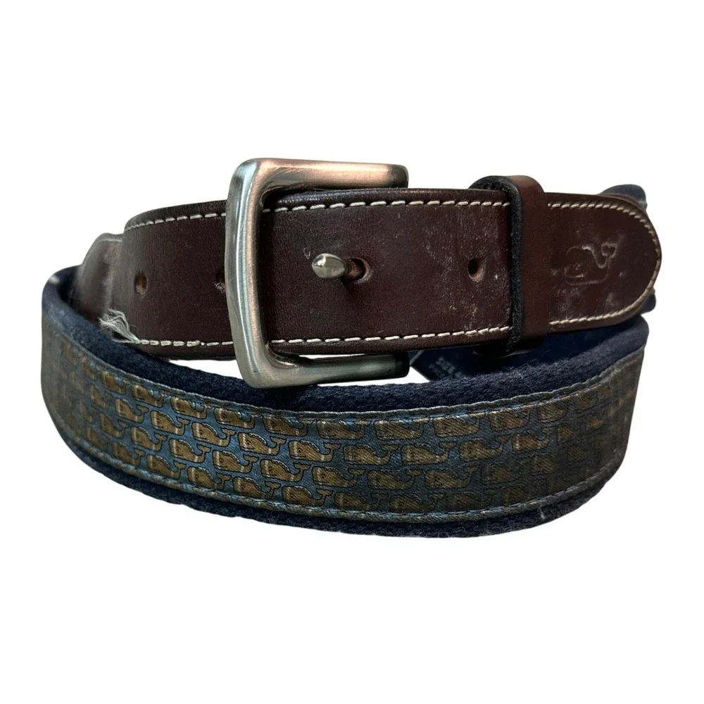 Vineyard Vines Mens Canvas Club Belt Brown Leather Whale Logo Navy Blue Size 40